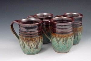 Carved Green & Plum Leaf Mugs